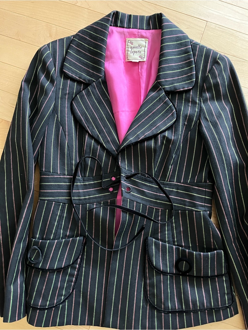 Nanette Lepore Black Pinstripe Blazer with Pink Lining
